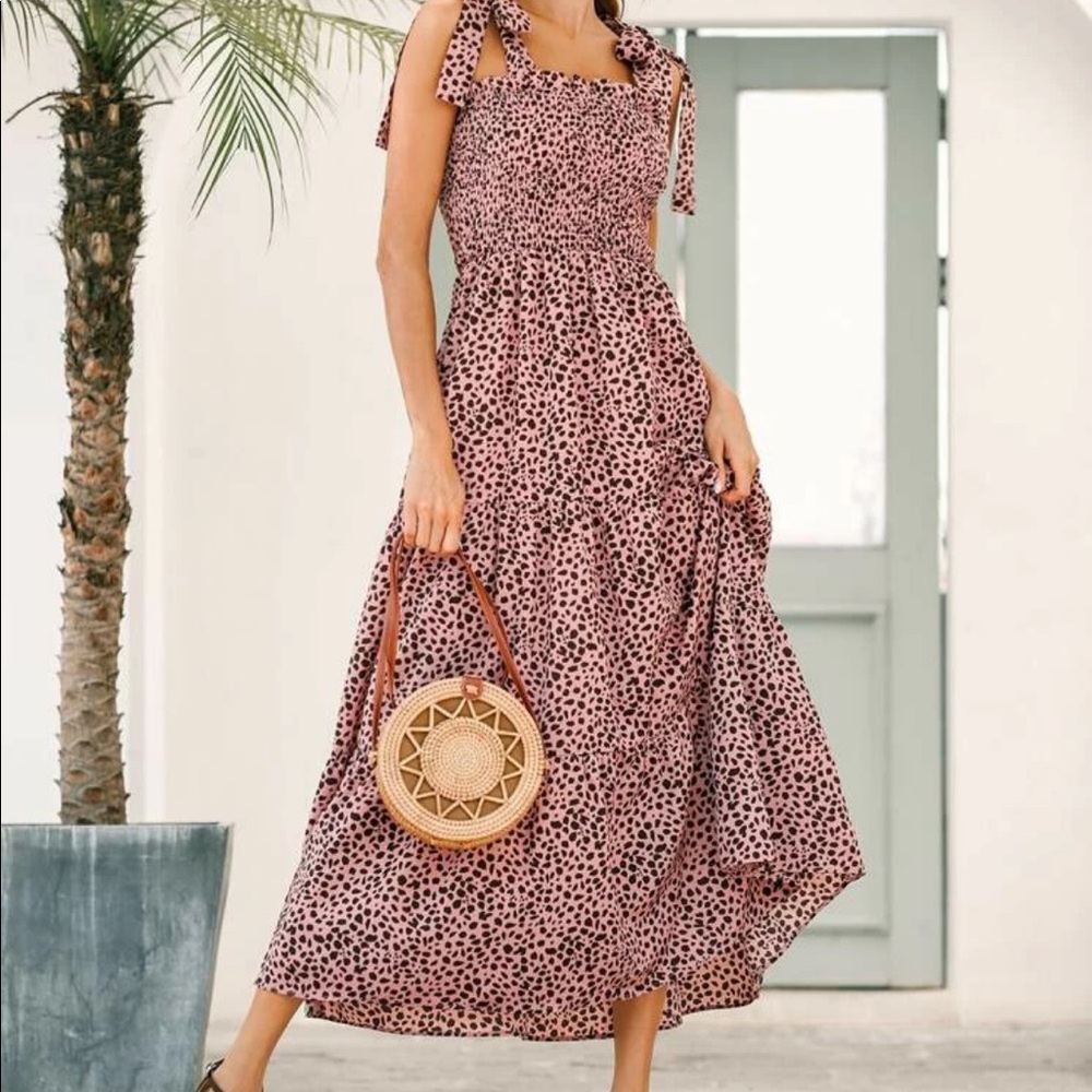 MAXI Shirred ruffle hem with shoulder tie dress - Picture 2 of 3